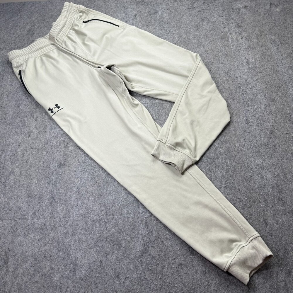 Under Armour Jogger Men M Beige 30" Loose Sportstyle Tricot Knit *Hole in leg*